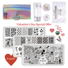 6 шт./компл. ногтей пластины для стемпинга-3 вида стилей ко Дню Святого Валентина с узором прямоугольной формы ногтей пластины для стемпинга-чехол с прозрачная резиновая штампа