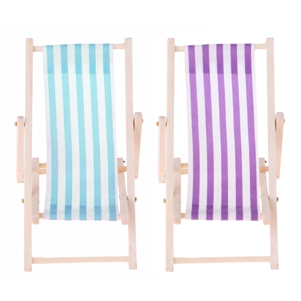 2 Pieces Striped Wooden Lounge Chair Deckchair for 1/12 Dollhouse Miniature Furniture Kids Toys
