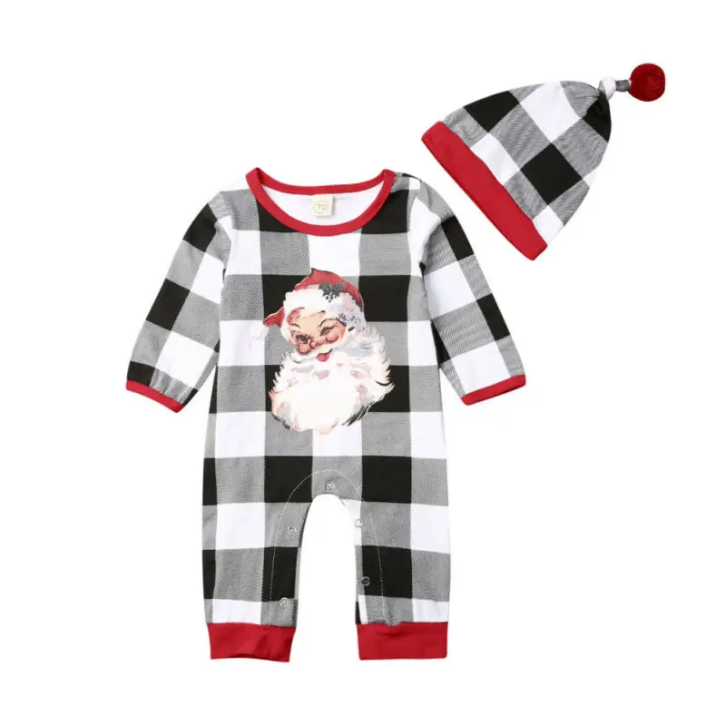 

0-24M New 2Pcs Infant Baby Boy Girl Clothes Santa Claus Plaid Romper Jumpsuit Hat Outfit Set Christmas Baby Clothes