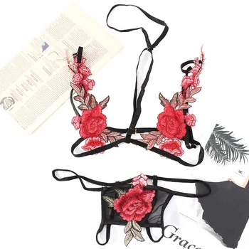 

Exotic Women Lingerie Set Sexy Lace Embroidered Rose Bra Set Transparent Hollow Open Crotch Crotchless Panties Women Underwear