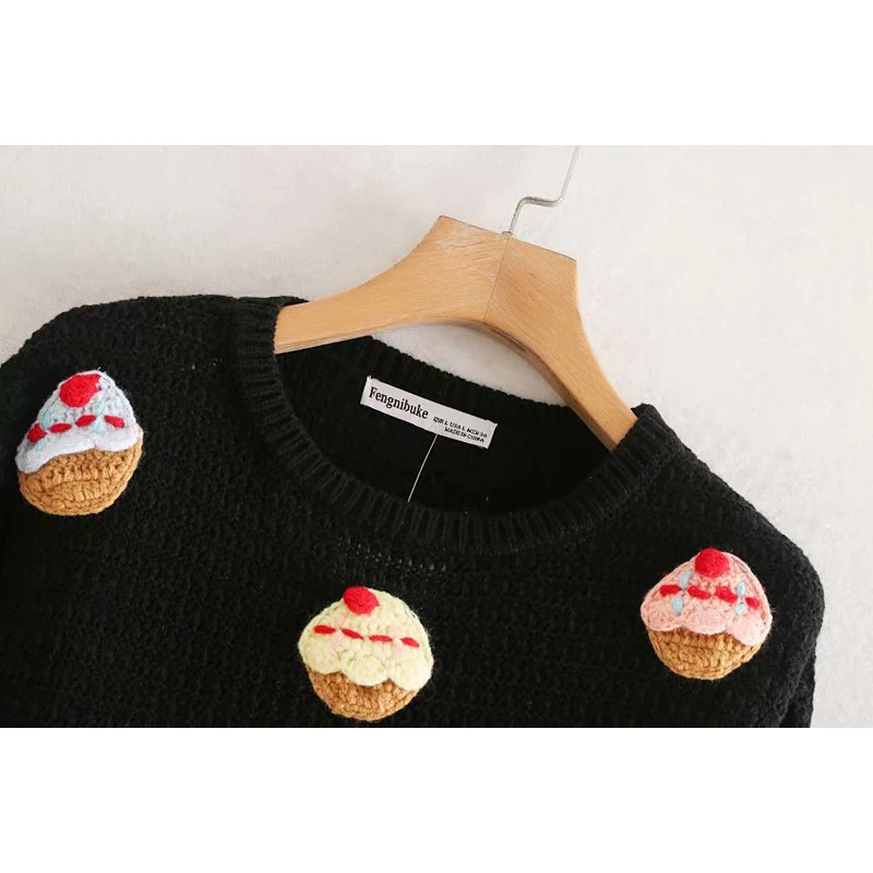 za 2019 Women Fashion Vintage Sweet Cake Appliques Short Style Knitted Sweater O Neck Long Sleeve Stylish Pullovers Chic Tops za 2019 Women Fashion Vintage Sweet Cake Appliques Short Style Knitted Sweater O Neck Long Sleeve Stylish Pullovers Chic Tops