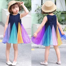 Платье для маленьких девочек فساتين اطفال Последняя Мода Летняя обувь в мозаичном стиле; платье из тюля без рукавов Платье с радугой; платье с фатиновой юбкой, одежда