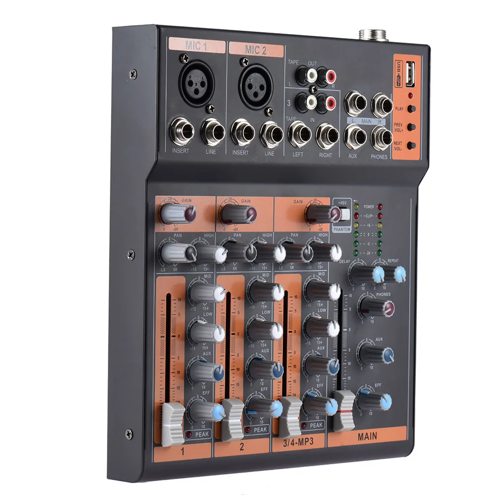 

Portable 4-Channel Mic Line Audio Mixer Mixing Console 3-band EQ USB Interface 48V Phantom Power with Power Adapter