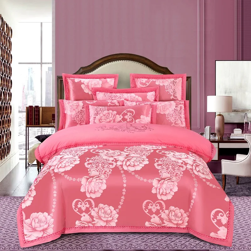 

KELUO Luxury Wedding jacquard mulberry silk bedding 100%cotton Embroideredincluding duvet cover bed sheet pillowcase Pink