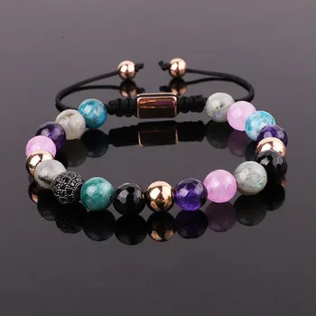 Jaravvi New Color 8mm Natural Stone Cubic Zirconia Ball Braided Friendship Adjustable Bracelet For Women