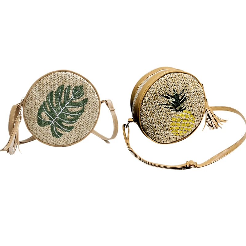 

JHD-2pcs Round Women Straw Bags Leaves Rattan Woven Beach Shoulder Bags Ladies Cossbody Bag Female Bohemian Handmade - Leaves &