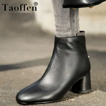 

Taoffen Women Genuine Leather Ankle Boots Zipper Round Toe Office Ladies Work Shoes Woman Chunky Heels Winter Boots Size 33-41