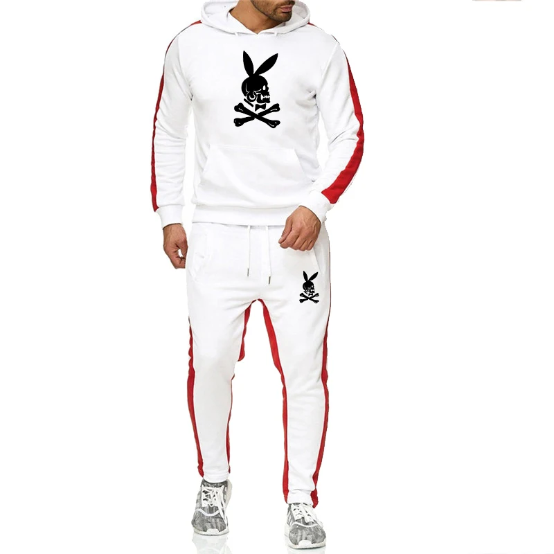 Зимние мужские комплекты, спортивный костюм, для бега, Chandal Hombre, спортивный костюм, Повседневный свитер с капюшоном, штаны, хлопок, Ropa Hombre, толстовка - Цвет: White 1