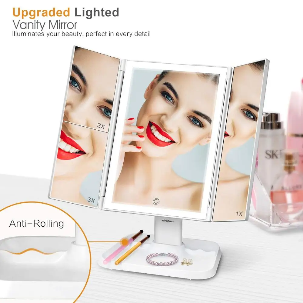 

72 LED Makeup Mirror 3 Color Lighting Modes Trifold Mirror Touch Control Design 1x/2x/3x Magnification Portable