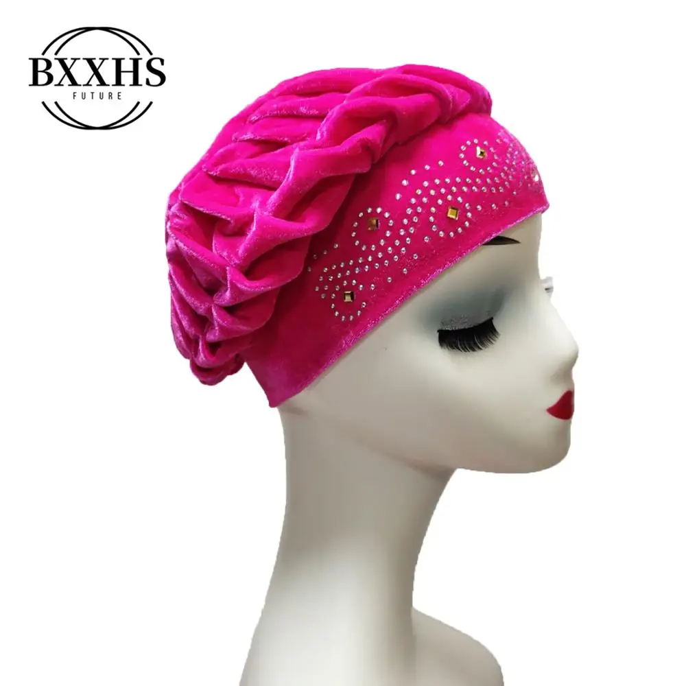 

Fashion Muslim Solid Color Velvet Hat for Women Pearl Flower Hair Loss Hat Laides Warm Winter Knit Stretch Scarf Caps