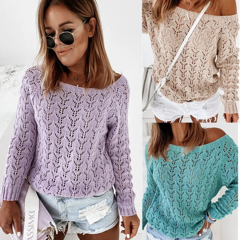 2020 Autumn One Shoulder Laser cut-out Elegant Sweater Women Long Sleeve Knitted Sweaters Plus Size 2XL Elegant Pullover