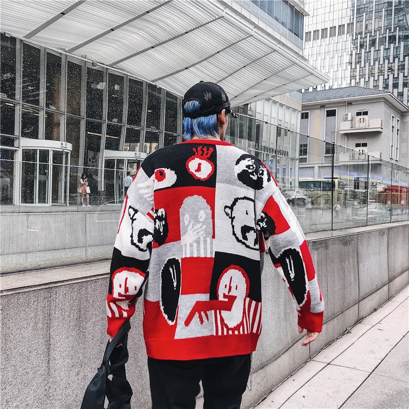Осень мужской свитер с героями мультфильмов хип-хоп свитер хлопок свободный уличная негабаритный мужской модный пуловер