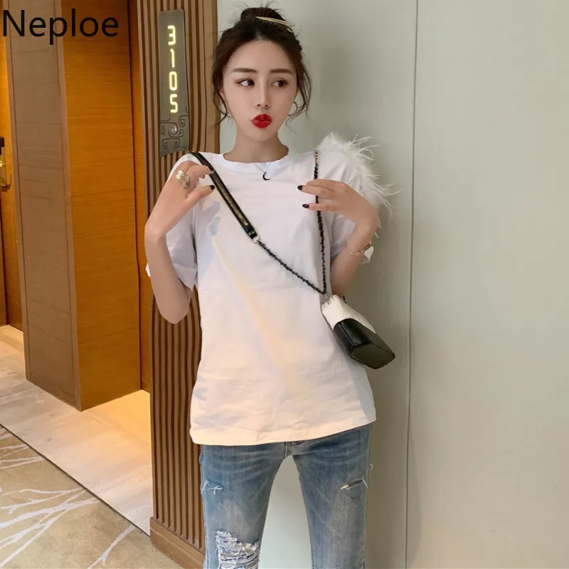 Neploe перо лоскутное женские футболки корейский шик o образным вырезом короткий