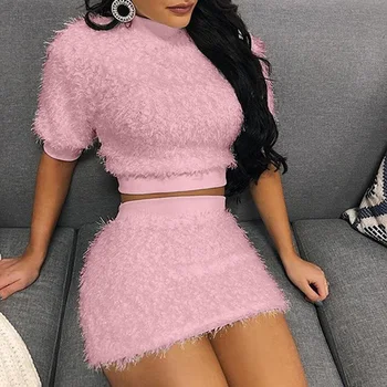 

Sexy Bodycon Two Piece Set Fluffy Strapless Tube Tops Shorts Suit Autumn Winter Clothes Women Club Outfits Short Matching Sets