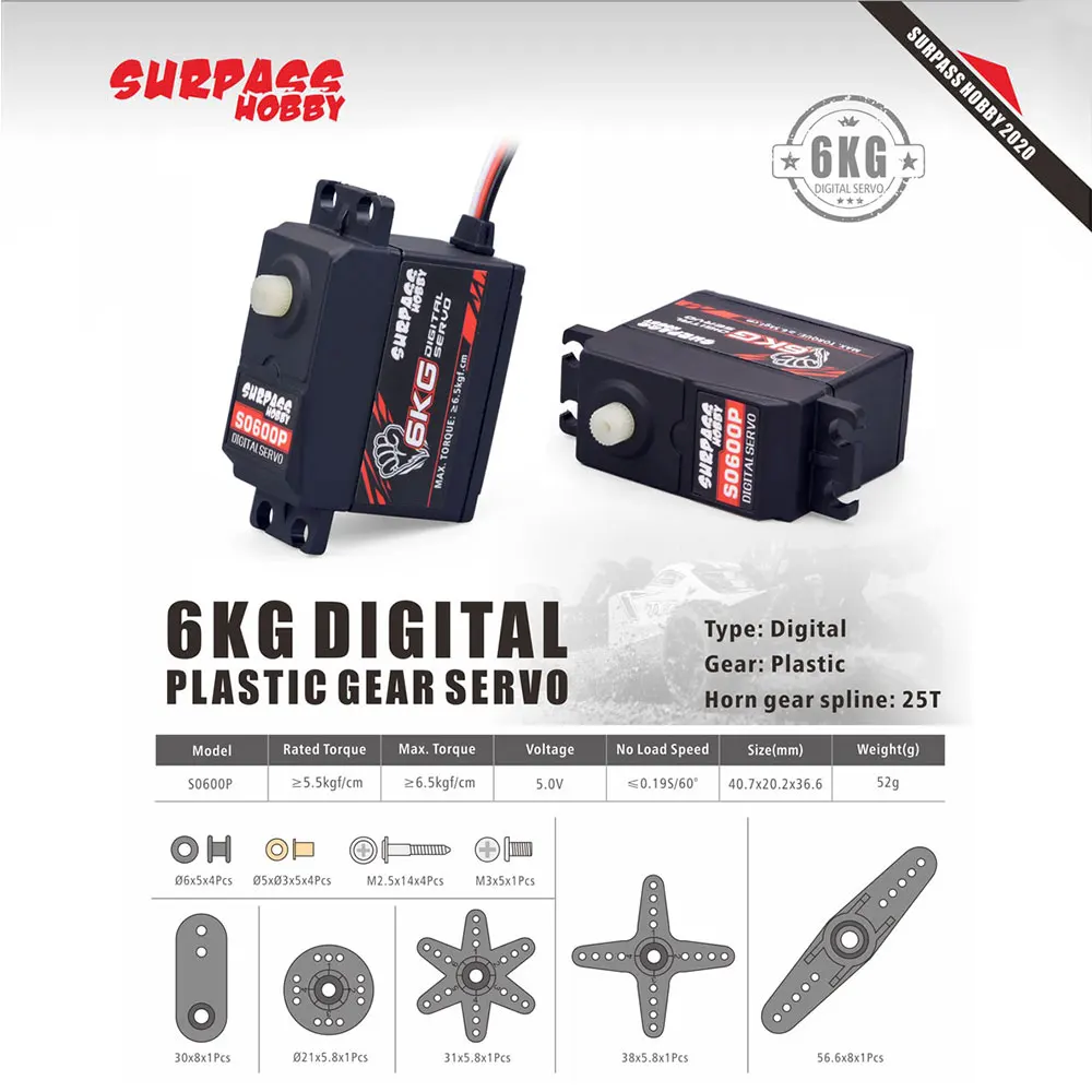 Сервопривод с пластиковой шестерней SURPASS Hobby S0600P 6 кг для радиоуправляемых
