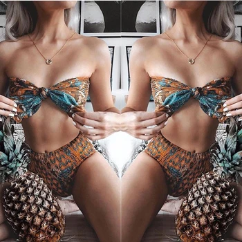 

IMANFive Women Sexy Fold Print Tie Strapless Bikini 2019 Hot Sale Beachwear Padded High Waist Swimsuit Swimwear Women Biquini