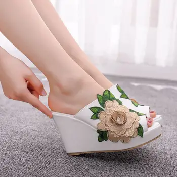 퀸 블랙 화이트 핍 토 플랫폼 웨지 샌들, 하이힐 슬리퍼, 여성용 비치 샌들, 레이스 플라워