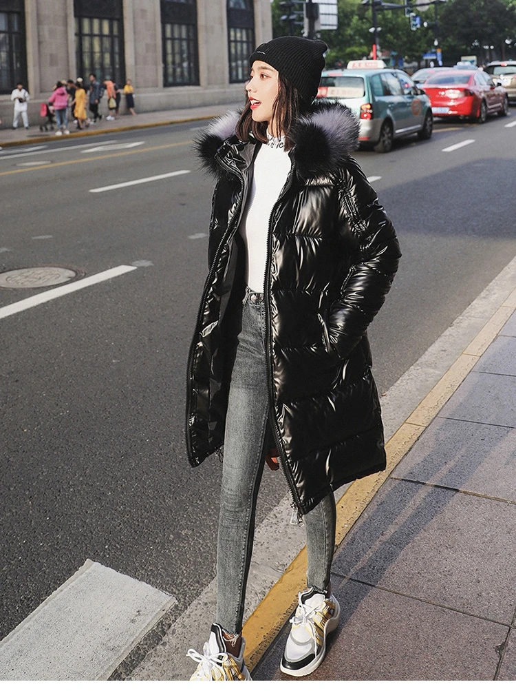 FICUSRONG Fashion Medium Long Glossy Down Parka Womens Winter Jackets Coats Warm Thicken Shining Babric Stylish Fur Ladies Coats