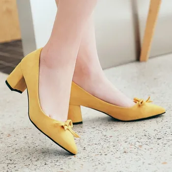 

fanyuan heels Women Pumps Fashion Women Shoes Butterfly knot Flock Pointed Toe Square High Heels Ladies Wedding Shoes Size 34-43