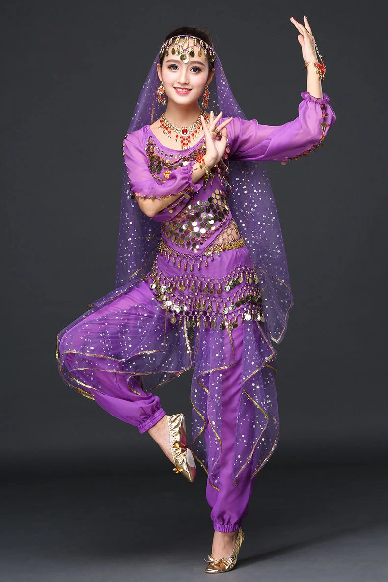 Женская танцевальная одежда сари набор костюма для танца живота Болливуд индийские брюки костюм 5 шт.: топ, пояс, брюки, браслеты и вуаль