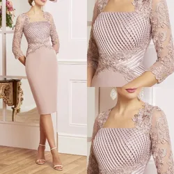 Pink Mother of the Bride Dress Elegant Wedding Party Gown Square Neck Knee Length Lace Appliques 2022 Robe De Soriee