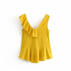 Женская Стильная однотонная желтая блуза с v-образным вырезом без рукавов с оборками, дизайн, плиссированные женские модные повседневные