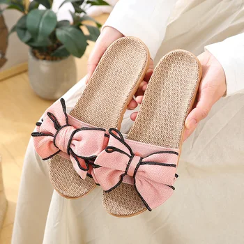 

Women Flax Home Slippers Summer Bow-knot Soft Floor Woman Indoor slides Flats House Shoes Cute Linen Slipper