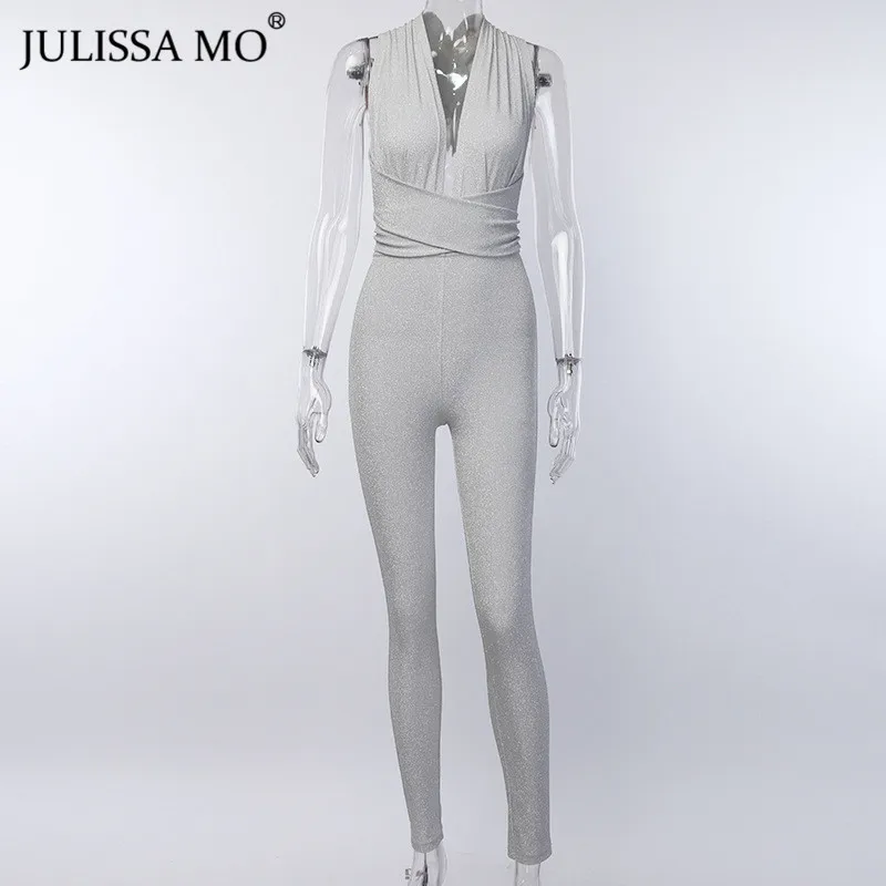 Серебристый Julissa mo блестящий сексуальный бандажный комбинезон, женские зимние комбинезоны с v-образным вырезом и поясом, длинный комбинезон, женские вечерние комбинезоны, наряды - Цвет: Серебристый