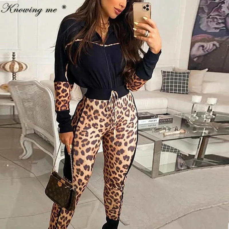 

Women Leopard Patchwork Tracksuit sets Elegant Autumn pullovers +Drawstring long Pants Set Female casual sport Two Piece Sets