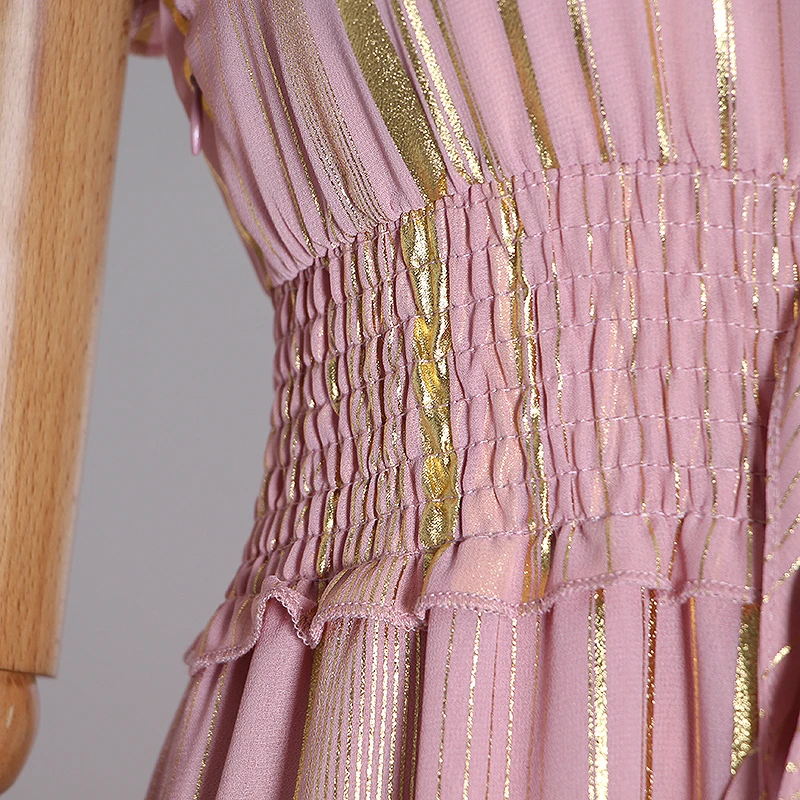 细节 (4).JPG TWOTWINSTYLE Sexy Striped Women Dress V Neck Butterfly Sleeve High Waist Lace Up Tunic Ruched Winter Dress Fashion Clothing New