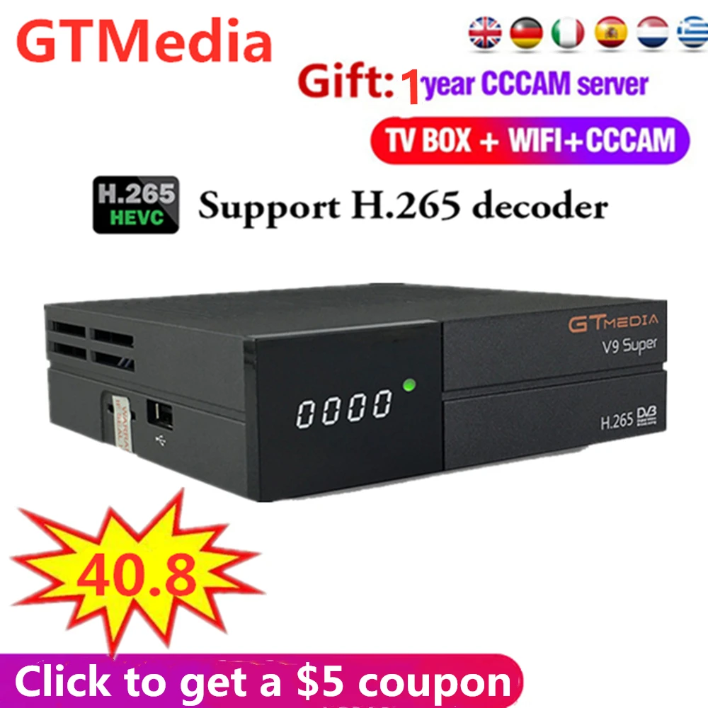 

European 1 Years Cccam FREESAT Satellite Receiver H.265/Havc TV box GTMEDIA DVB S2 V9 Super Support Dolby,CCCAM,YOUTUBE,IPTV,PVR