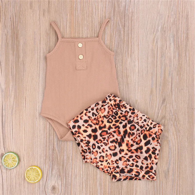 

2020 Summer Baby Infant Leopard Clothing Newborn Baby Girl Ruffled Ribbed Bodysuit Floral Shorts 2Pcs Newborn Set