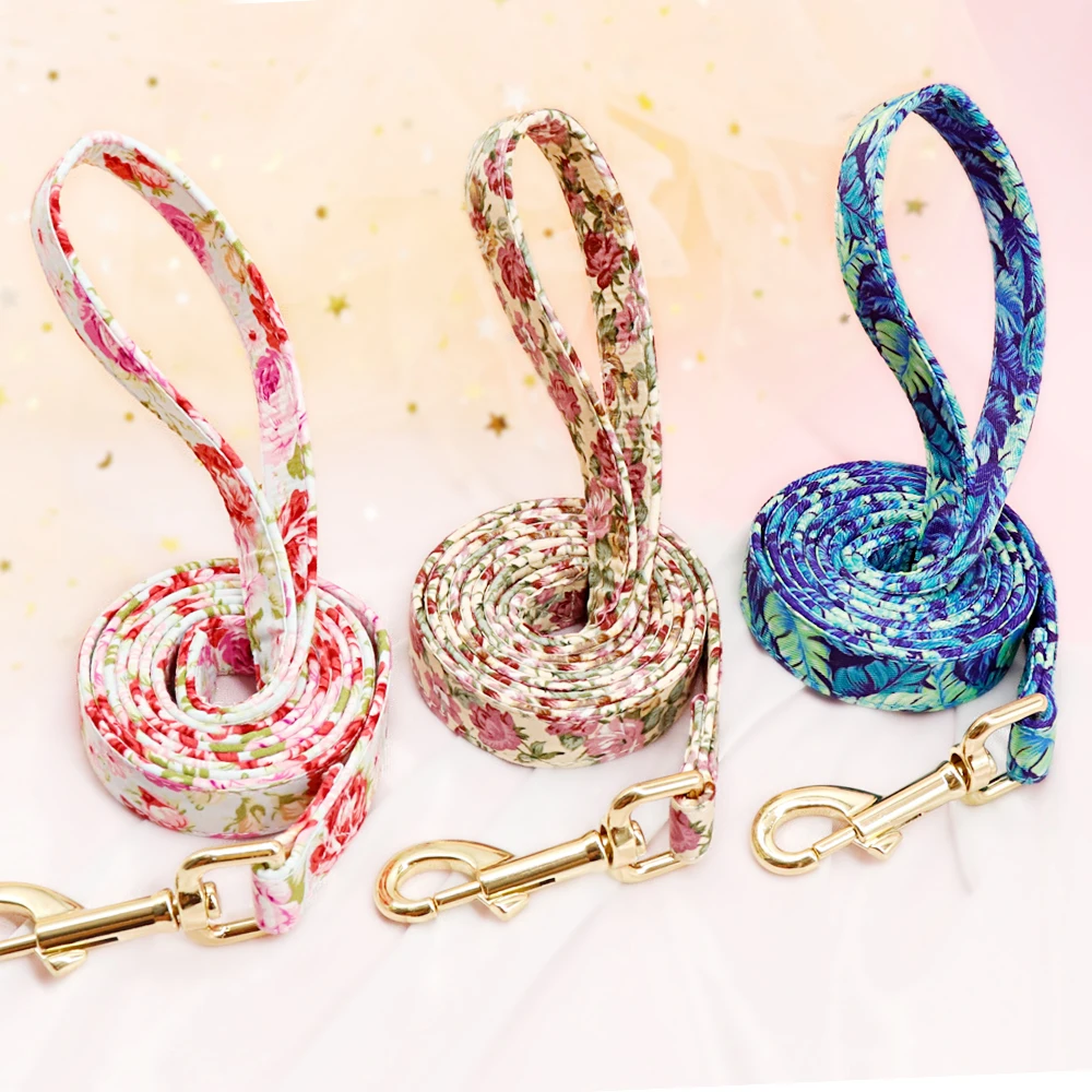 Personalized Dog Collar Leash Set Nylon Dog Collars Floral Printed Pet Walking Leash ID Tag Medium Large Dogs