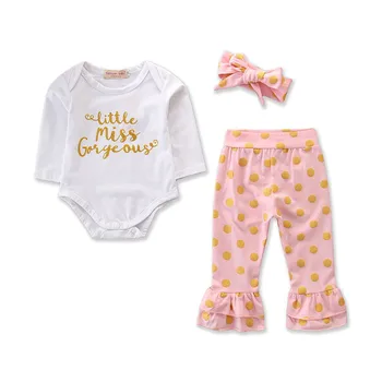 

PatPat 3-piece Trendy Polka Dots Bellbottom Letter Print Bodysuit with Headband Spring and Autumn Round Neck Long Sleeve Casual