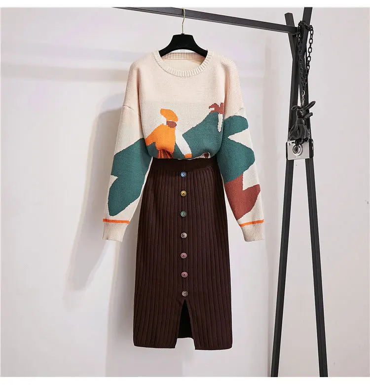 Высококачественный осенне-зимний женский комплект из 2 предметов, мультяшный вязаный свитер, пуловер+ однобортная юбка-карандаш с разрезом, комплект из двух предметов