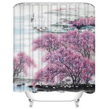 

Shower Curtain Set Pink Japanese Chinese Landscape Traditional Ink Painting Mountain Plant Bathroom Decor Set with 12 Hooks
