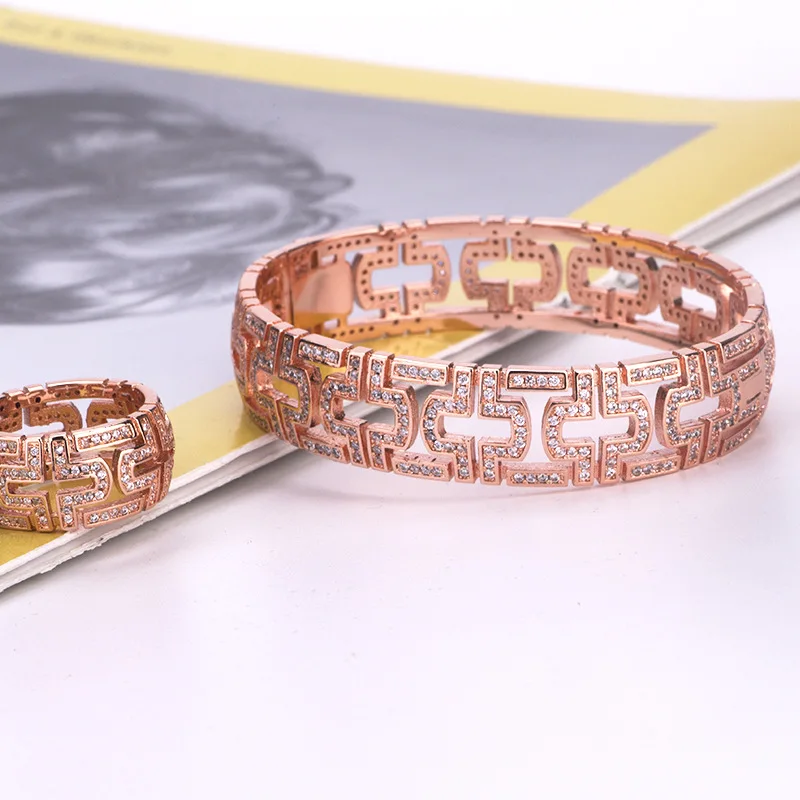 Модные дизайнерские браслеты из розового золота, наборы колец, безопасная форма замка, высокое качество, циркониевый набор украшений для женщин, роскошный подарок - Окраска металла: Rose Gold set