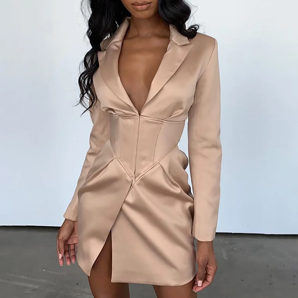 

Solid color V-neck blazer tops waist buckle long sleeve irregular Slim jacket fashion temperament office women unique design coa