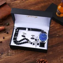 

4pes/Set New Men's Gift Set Beautifully Packaged Watch Rosary Cufflinks Pen Simple Large Dial Casual Combination Wrist Watches