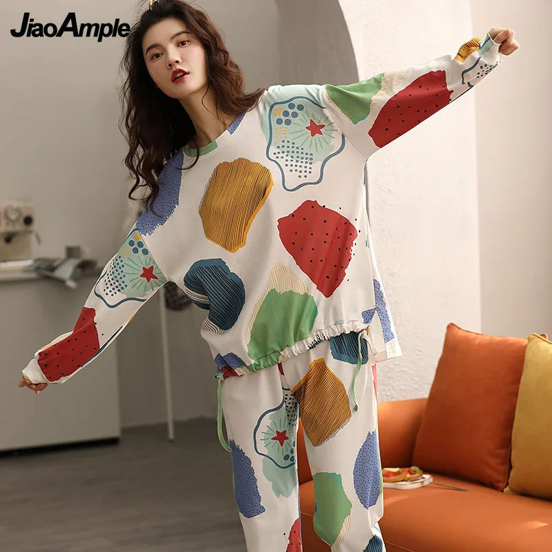 100% Cotton Pajamas 2021 Autumn New O-Neck Long-sleeved Trousers Pijamas Two-piece Set Women Nightwear Pyjamas Home Clothes Suit