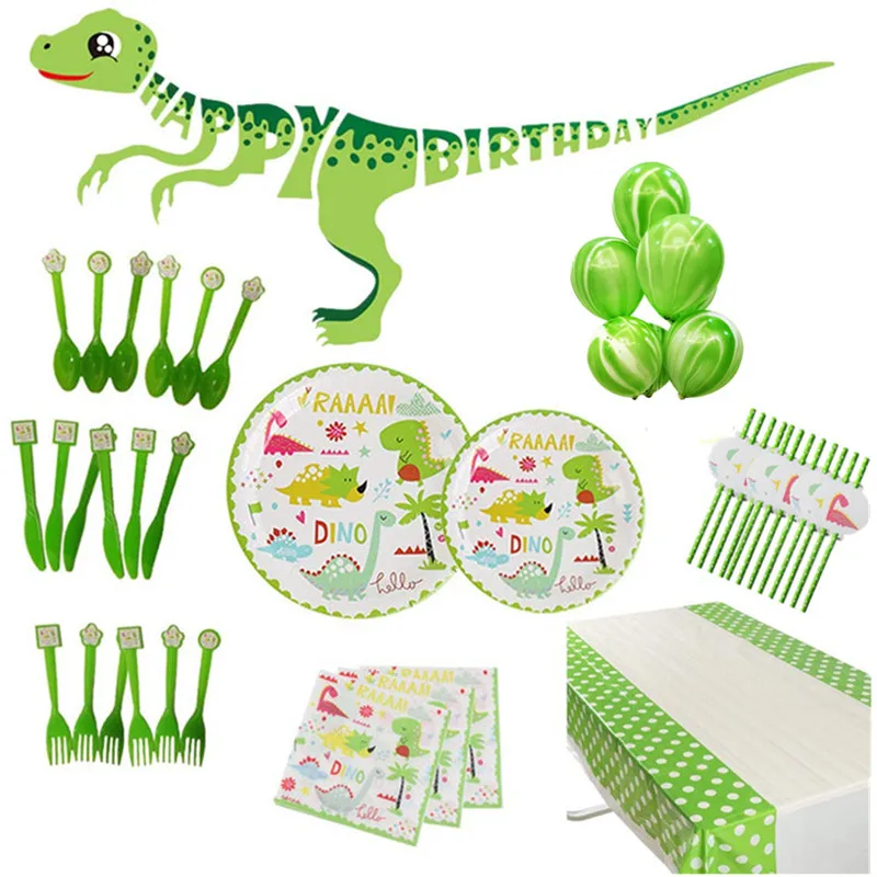 Мотив динозавра праздничный набор столовой посуды Одноразовая бумажная тарелка скатерть торт Топпер с первого дня рождения товары для мальчиков