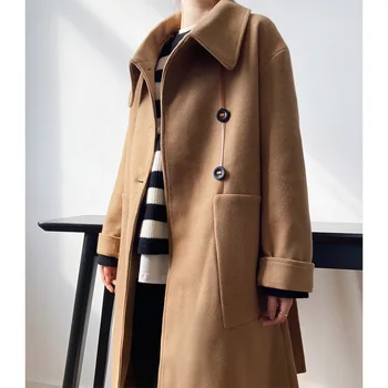

Yeeloca Winter Design Thick X-long Woolen Coat With Belt Female Solid Turn-down Collar Coat Korean Loose Warm Woolen Coat