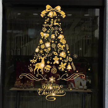 

Shining Gold Christmas Tree Window Sticker Santa Ride Xmas Garland Wall Decals New Year Showcase Stickers Snowman Home Decor