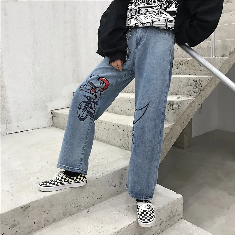 Новые джинсы для женщин Harajuku Мультяшные джинсы милые джинсы динозавра свободные брюки с высокой талией хлопковые женские брюки уличная одежда Комбинезоны