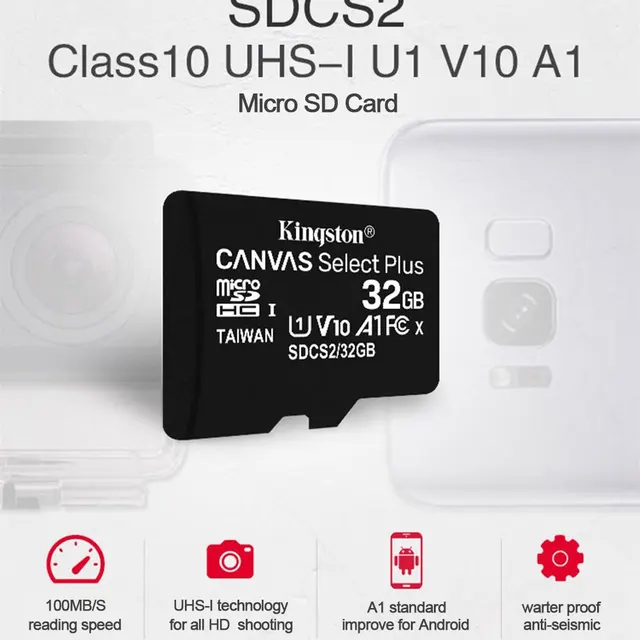 Kingston-tarjeta de memoria SD de Clase 10, Micro SD de 128GB, 32GB, SDCS2 TF, 64GB, 256GB, SDCS2, velocidad de lectura de 100 MB/S