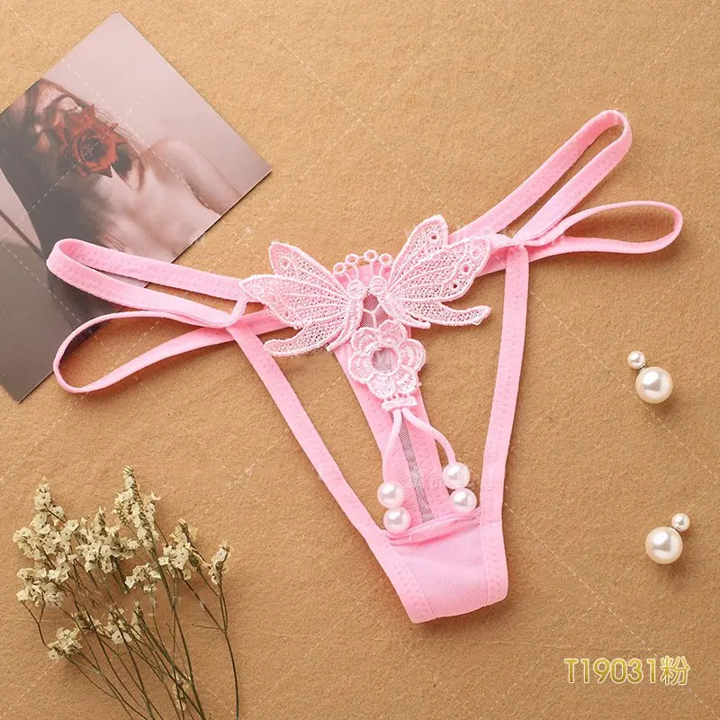 T19031-Pink JSY женские кружевные трусики с открытым шаговым швом красные ремешки без косточек короткие стринги с галстуком-бабочкой женские свободные размеры сексуальные T-back для секса - Цвет: T19031-Pink