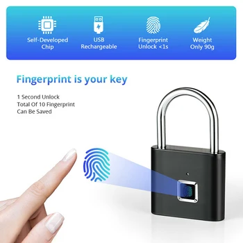 

Cabinet Lock Portable Waterproof Smart Fingerprint Padlock Thumbprint Door Padlocks Anti-Theft Keyless USB Rechargeable Door