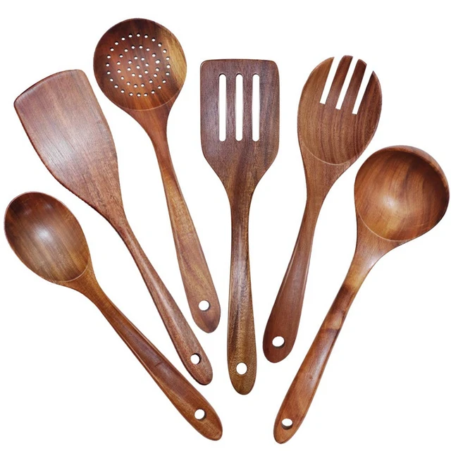 Wooden Spoons For Cooking 7-Pack - Bamboo Kitchen Utensils Set for