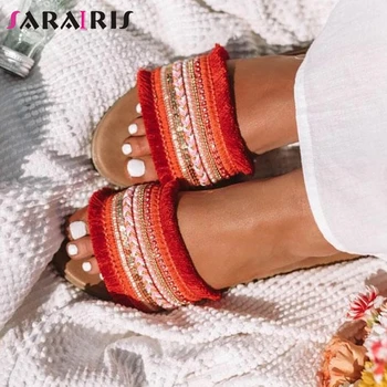 

SARAIRIS Ins Fashion Lady 2020 Leisure Classic Slippers Summer Slippers Women Open Toe Fringe Slip On Flat Shoes Woman