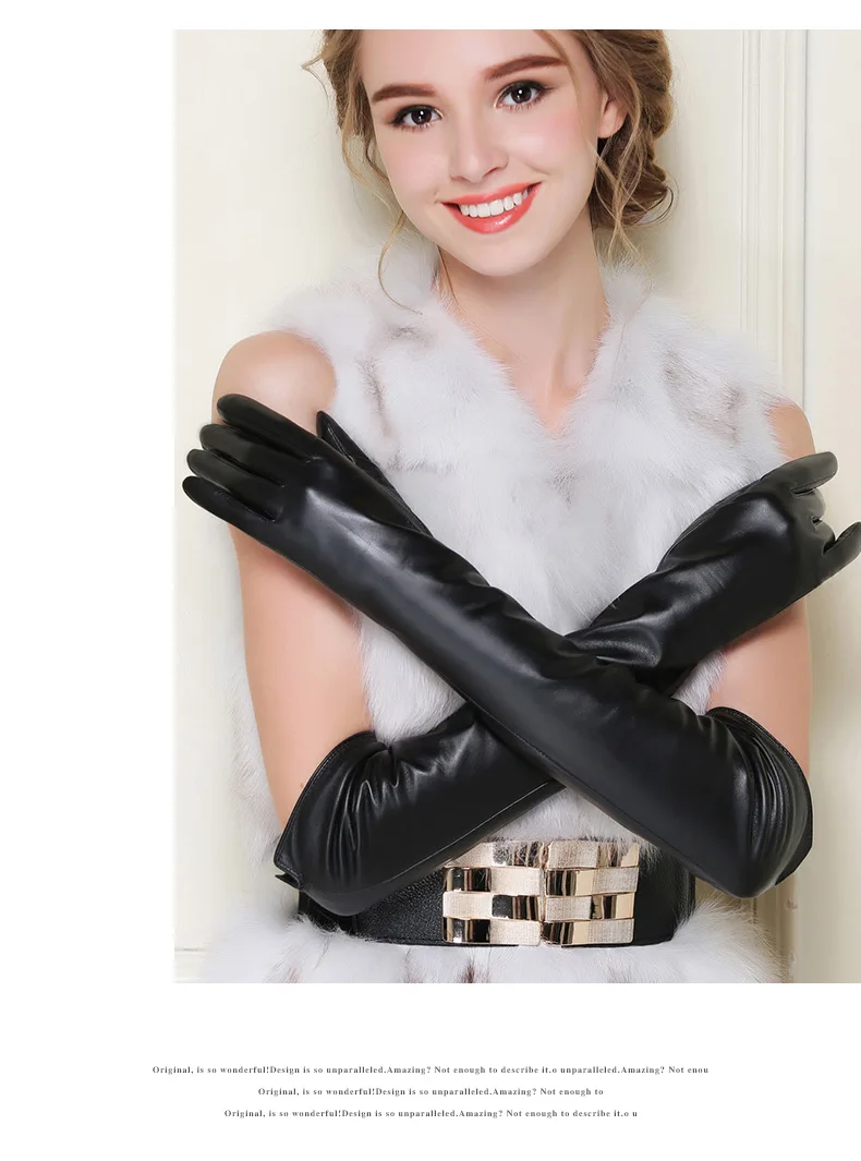 Smooth surface Кожаные перчатки женские зимние длинные перчатки из овчины с сенсорным экраном милые теплые перчатки с рукавами - Цвет: Smooth surface